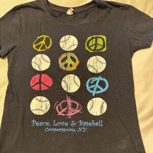 Heartfelt Baseball Mom's Black 100% Cotton "Peace" T-shirt from Cooperstown